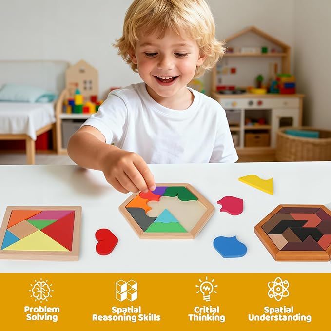 5 Pack Wooden Brain Teaser Puzzles Sets for Kids,Montessori Brain Blocks Logic Tangram Geometric Shapes Puzzle Matching Games Christmas Stocking Stuffers Gifts for All Ages Boys Girls