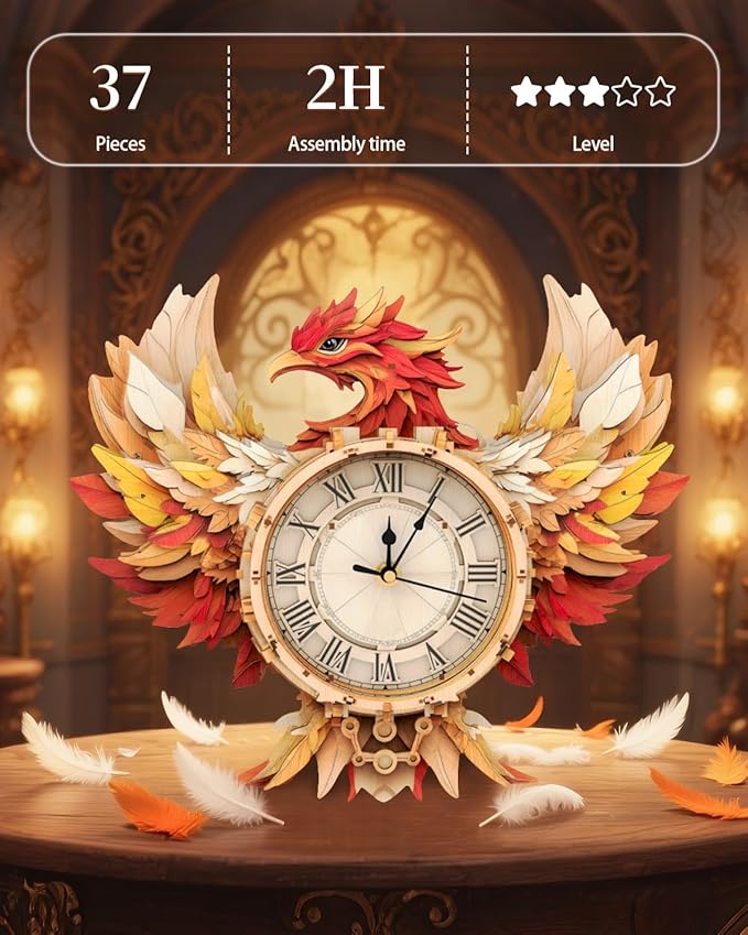 3D Wooden Puzzles for Adults, 3D Puzzle Phoenix Clock (with Pendulum), 3D Puzzles for Adults Teens Home Decor Clock Crafts for Adult Puzzle Gifts for Adult