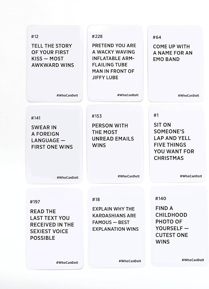DSS Games Who Can Do It [A Party Game | Compete with Your Friends to Win These Challenges | Adult Game | Great for White Elephant, Friendsgiving, Stocking Stuffers, Holiday Parties]