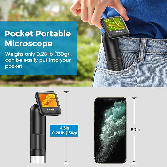 APEXEL 800X Handheld Digital Microscope with 2” LCD Screen, Pocket Portable Microscope for Kids with Adjustable LED Lights, Coins Microscopes Magnifier Camera, USB to PC Including 32G SD Card