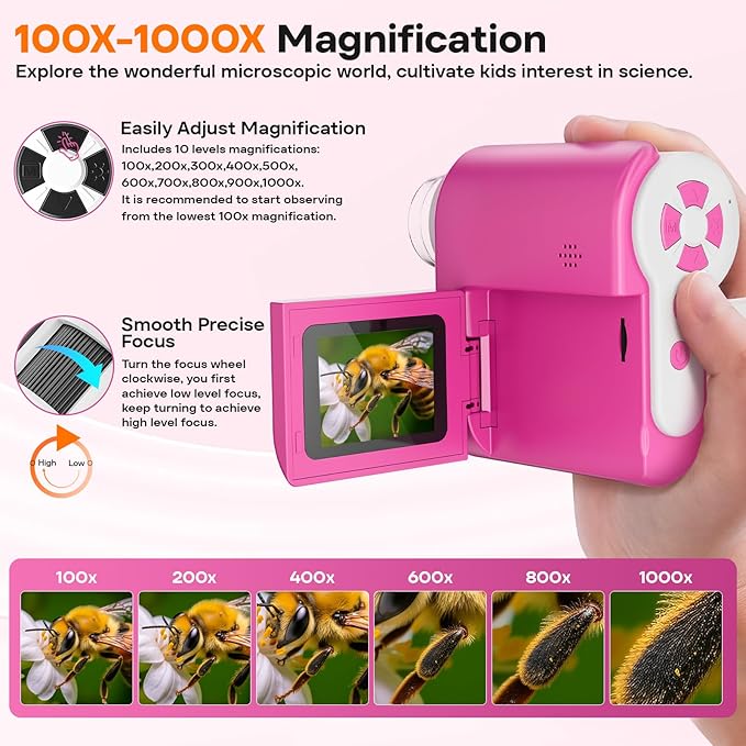 LAKWAR 1000X Handheld Digital Microscope for Kids: 4K 2.0" Screen Portable Digital Microscope for Kids 8-12 Home School Science Education (Pink)
