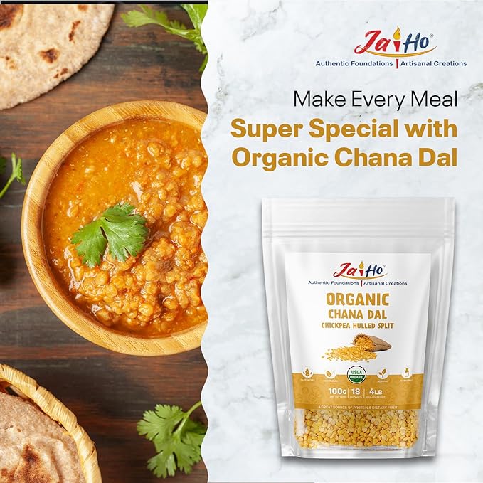 Jai Ho Certified Organic Chana Dal Chickpea Hulled Split 4 lb | Organic Chana Dal | USDA Organic | Non-GMO | Chemical-Free | Premium Quality Kosher (4 Pound, Chana Dal)