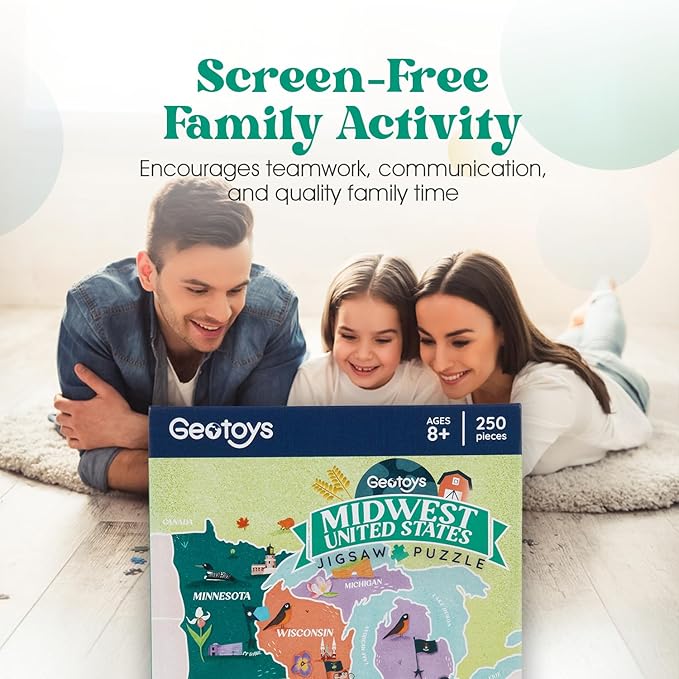 Geotoys Midwest Region Jigsaw Puzzle - 250 Piece Puzzles for 8 Year Olds - Jigsaw Puzzles for Kids Ages 8-12 Years Old - Kids Puzzle Games with Colorful Landmarks