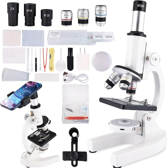 Microscope for Kids & Adults,40X-2000X Magnification.Equiped with Slides Set & Phone Adapter,Suitable for Students School Labs and Home Schooling(White)