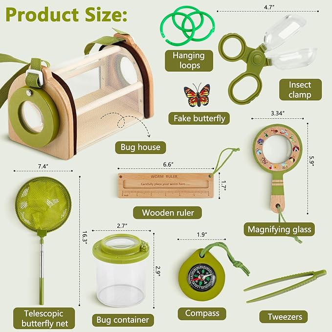 Wooden Bug Catcher Kit for Kids -11Pcs Bug Catching Kit Outdoor Explorer Kit with Carry Bag, Butterfly Net and Other Adventure Sets for Garden Backyard Camping, Gift for Toddlers Girls Boys 3-12