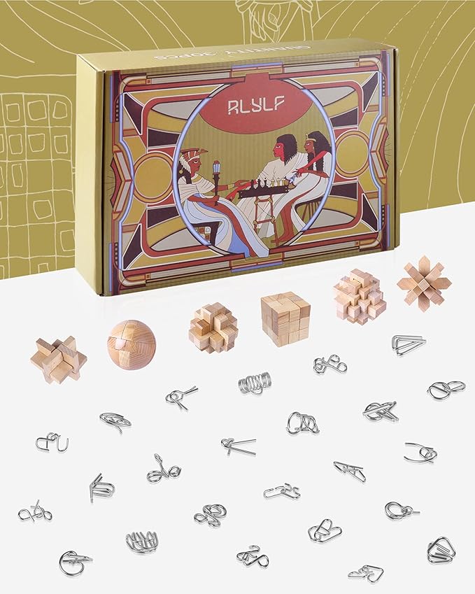 RLYLF 30Pcs Brain Teaser Puzzles Games Educational Toys Mind Wooden and Metal 3D Puzzles Unlock Interlock IQ Box