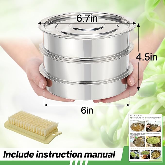 Stainless Steel Seed Sprouting Kit - 3-tier Microgreens Growing Tray 6in Dia, Stackable Round Seed Sprouter Maker with Encrypted Mesh, Sprouts Grower for Beans Broccoli Alfalfa Seeds Wheat Grass