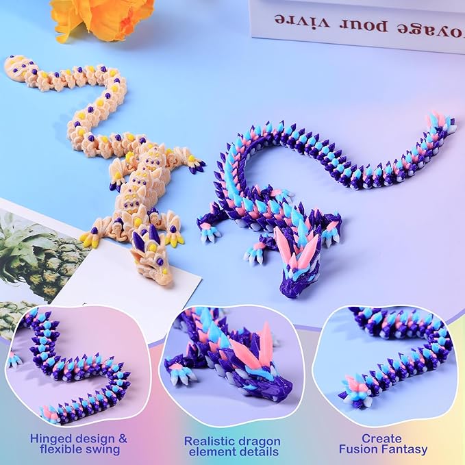 3D Printed Dragon Easter Cookie Dragon and Multicolor Crystal Dragon, Articulated Fidget Toys for Autism and ADHD, Perfect Basket Essentials Stuffers and Desk Accessories