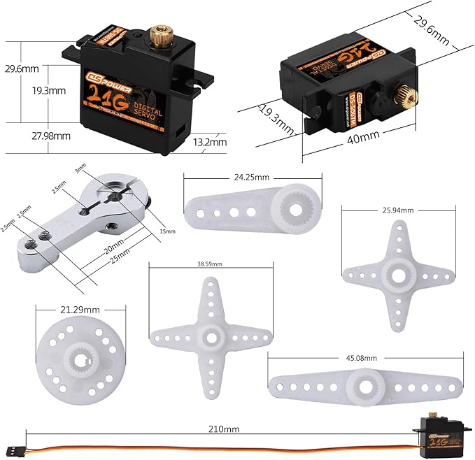 2PCS 21G Mini Digital Servo, Steering Gear Full Metal Gear Micro RC Servos Motor Kit with 25T Servo Horn for 1/18 1/16 1/14 RC Car Model Boat Fixed-Wing Helicopter Airplane Robot Toy