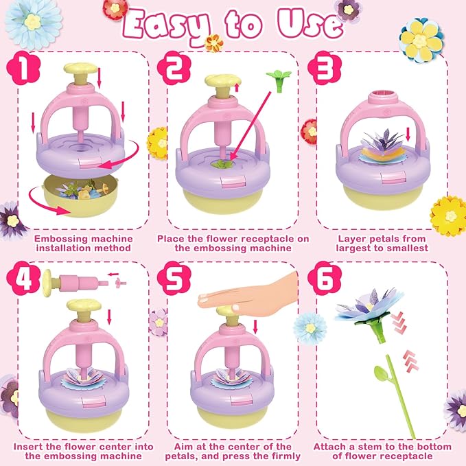 DIY Flowers Craft Kit for Girls, Flower Bouquet Maker Machine with 120 Fabric Petals, 14 Greeting Cards, Gift Wrap, Vase & Storage Bag, Creative Floral Arts and Crafts Toy for Kids Ages 3-12