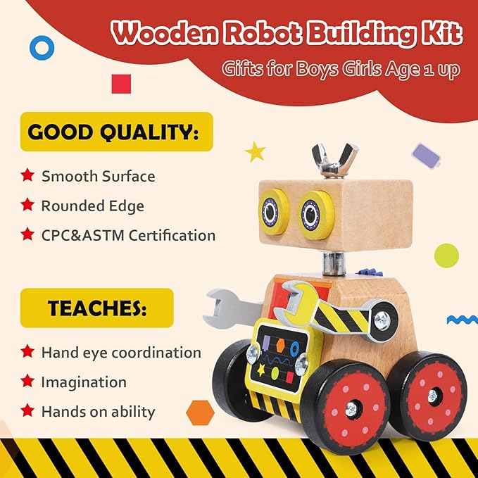Robot Building Toy, Wooden Little Robot Assembly Kit for Kids 4-8 Years, STEM Educational Woodworking Crafts Projects for Kids, Gift for Boys and Girls 4 5 6 7 8 Years Old