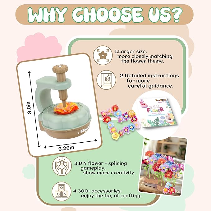PERRYHOME Fabric Flower Bouquets Toys, 300+ Pcs DIY Flower Making Kit, 2 Gameplays Educational Arts & Crafts for Kids, Reusable Bouquets Maker Birthday Gift for 3 4 5 6 7 8 Years Toddler Girl