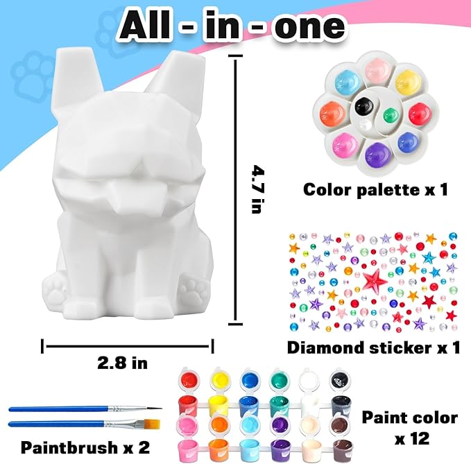FUNZBO Paint Your Own Dog French Bulldog Lamp Kit - Arts and Crafts Supplies Painting Kits for Kids Teens, DIY Night Light Dog Toy for Toddler Girl Boy 3 4 5 6 7 8 9 10 11 12 Christmas Birthday Gifts
