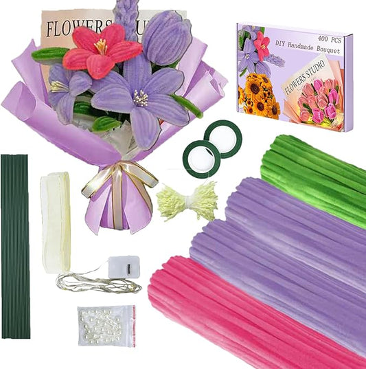 LOLEDE Pipe Cleaners Craft Flowers Kit 400 Pcs, 400 Pcs 3 Colors 11.8inch Fuzzy Pipe Cleaners Bulk, 100 Pcs Stamen, Chenille Stems for DIY Flower Making Kit Crafts, Floral Stems & Ribbon(Purple)