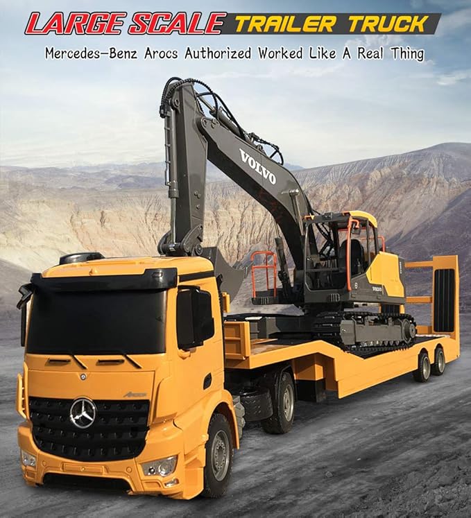 DOUBLE E Benz Authorized Remote Control Semi Truck with 2 Batteries 2.4Ghz Trailer RC Flatbed Trailer Crane Tractor, Electronics Construction Vehicles Toy with Sound and Lights