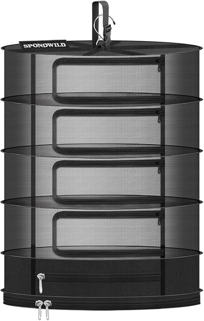 Herb Drying Rack Hanging Mesh, Medium 5 Layer Plant Drying Rack with Door Type Zipper & Closed Storage Compartment for Folding Basket Dryer Fitting in Grow Tents, Garden Outdoor