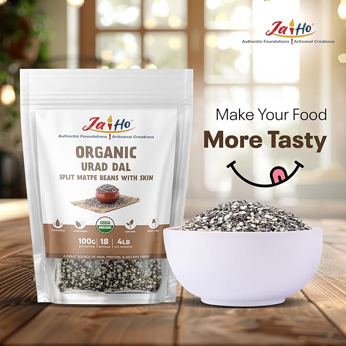 Jai Ho Certified Organic Urad Dal with Skin (Split Matpe Beans with Skin) 4 lb - USDA Organic | Non-GMO | Chemical-Free | Premium Quality Kosher