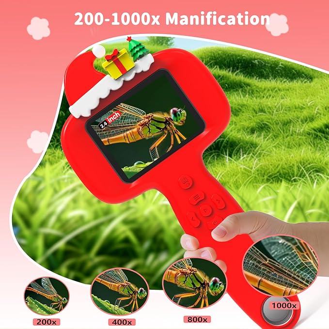 1000X Microscope for Kids with 16 Slides, 2.4" Handheld Digital Pocket Microscope, STEM Educational Science Toys for Christmas Birthday Gifts for 3+ 4 5 6 7 8 9 10 11 12 Year Old Boys Girls, Red