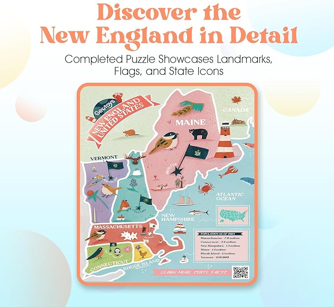 Geotoys New England Region Jigsaw Puzzle - 250 Piece Puzzles for 8 Year Olds - Jigsaw Puzzles for Kids Ages 8-12 Years Old - Kids Puzzle Games with Colorful Landmarks