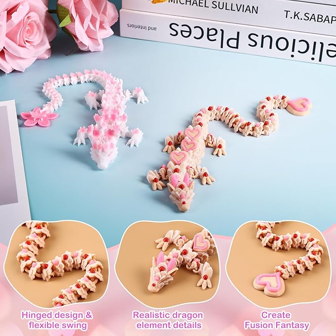 3D Printed Dragon Cherry Blossom and Heart Cookie Dragons, Articulated Fidget Toys for Autism and ADHD, Perfect Basket Essentials Stuffers and Desk Accessories
