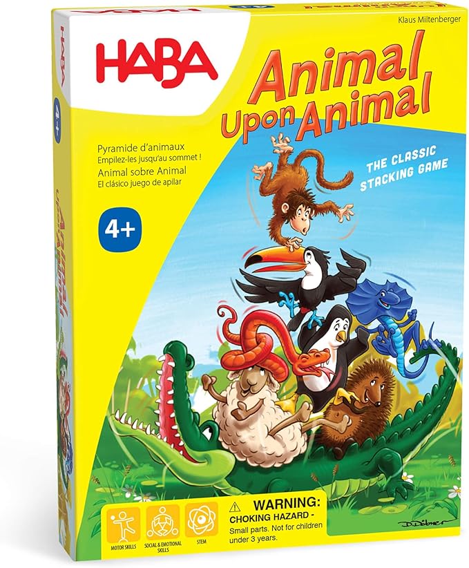 HABA Animal Upon Animal Game - Classic Wooden Tower Stack Game for Kids and Adults, STEM & Dexterity Party Activity for Ages 4+, Compact On The Go Edition