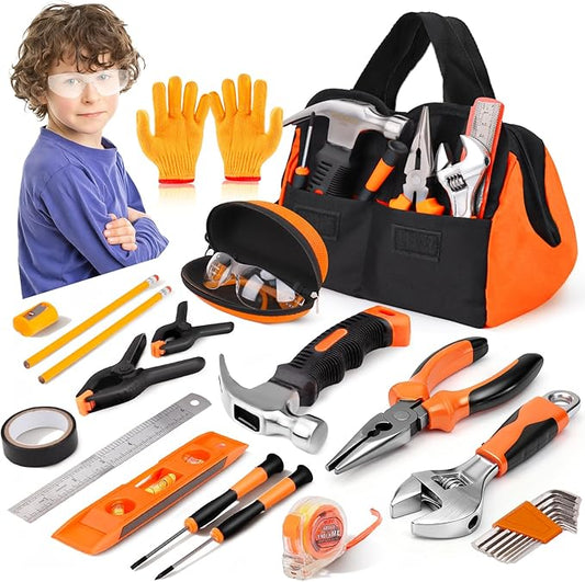 27-Piece Orange Kids Tool Set with Tool Storage Bag, Real Hand Tool Kit for Boys & Girls, Children Learning Tools for DIY Building, Woodworking and Construction, 6+ Years Old Birthday