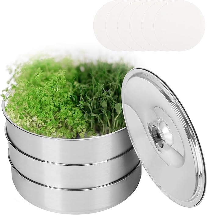 EBaokuup 3-Tier Stainless Steel Seed Sprouting Tray Kit-5.4" x 8.3" Stackable Seed Sprouting Kit with Drain Holes-Seed Sprouting Germination Tray for Growing Broccoli Alfalfa Mung Beans