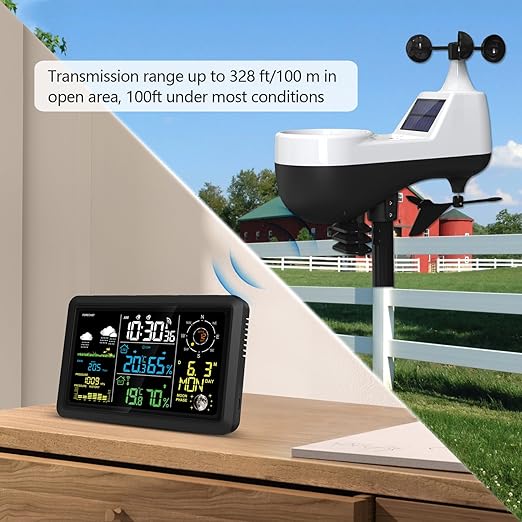 Weather Station Wireless Indoor Outdoor Sensor, Rain Gauge,Wind Speed/Direction, Temperature, Humidity, Air Pressure, Forecast, Moon Phase, Alarm Clock