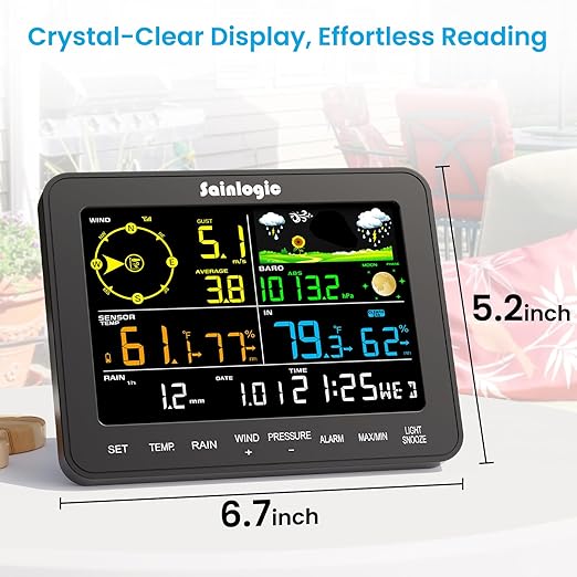 Sainlogic Weather Stations Wireless Indoor Outdoor SA6, Weather Station with Rain Gauge and Wind Speed, Weather Forecast, Temperature, Air Pressure, Humidity, Moon Phase, Alarm Clock(No WiFi)