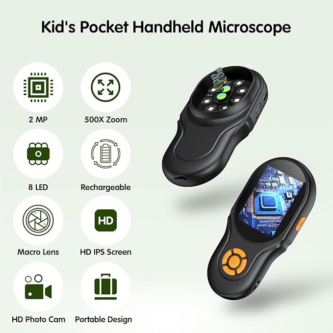 Microscope for Kids, EDCREATY 500X Magnification 2.4-Inch High-Definition Screen, Mini Portable Pocket Handheld Camera for Christmas Birthday Gifts Toys for 4 5 6 7 8 9 10 11 12 Year Old Kids(Black)