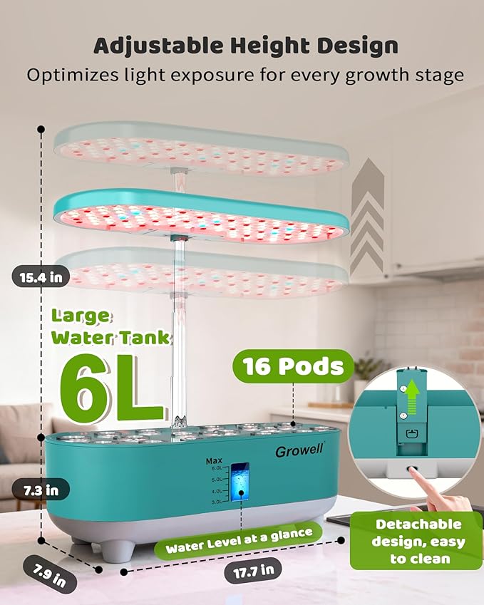 Hydroponics Growing System Kit, 16 Pods, Vertical 8L Indoor Gardening System for Herb Vegetable Fruit, with LED Grow Light, Smart Water Circulation, 3 Light Modes & 2 Timer, Green