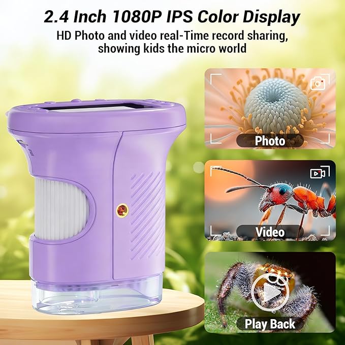 Pocket Kids Microscope, 1000X Handheld Microscope for Kids w/2.4'' Screen, Photo Video Mini Portable Microscopes Science Edu Digiscope, Christmas Birthday Gifts Ideas for Kids Ages 3-12 (Purple)