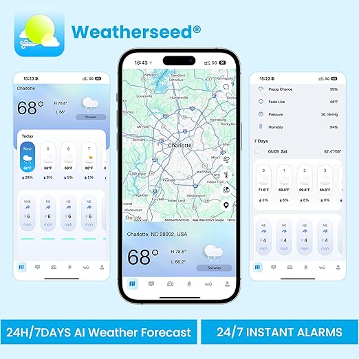 Sainlogic Smart WiFi Weather Stations Wireless Indoor Outdoor SA6 Plus,24/7 AI Weather Forecast by Weatherseed®,APP Alert,Weather Station with Rain Gauge and Wind Speed,2-Year Data Storage（Only 2.4G）