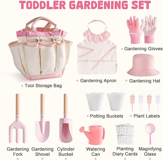 ROBOTIME Kids Gardening Set, 17PCS Kids Gardening Tools for Girls, Toddler Gardening Set with Hat, Apron, Gloves, Watering Can & Tool Bag – Outdoor Garden Toy Kit (Pink)