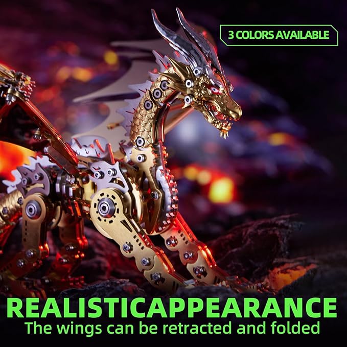 OreilleStar 3D Metal Dragon Puzzle, Mechanical Model Building Kit, Green and Red Assembly Puzzle for Adults Gift (Gold Dragon)