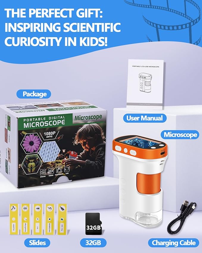 OZSTAR Microscope for Kids 1000x Magnification, 2.4-inch ScreenPocket Microscope with Photo and Video Recording (with Slide Kit) Portable Educational Gift