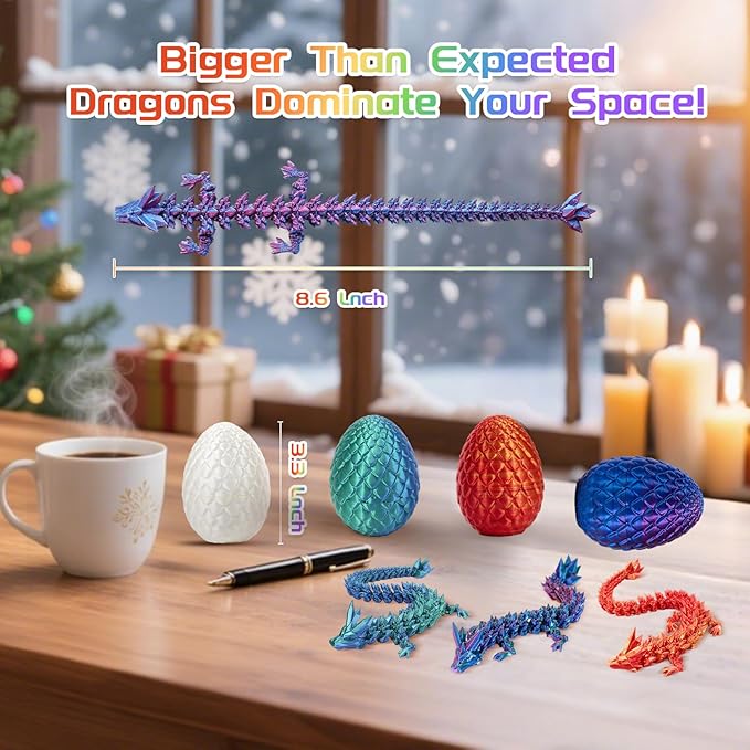 3D Printed Dragon with Egg, 4 PCS 3D Printed Fantasy Animals, Fidget Toy for Boys Girls Adult, Office Desktop Decoration Easter Basket Stuffers Graduation Gift for Teens