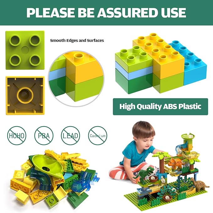 JIXIn Dinosaur Marble Runs for Kids 4-8 - Building Blocks Compatible with DUPLO Lego Sets - 125 PCS Classic Big Blocks for Toddlers Ages 3-5 - Montessori Learning STEM Toys