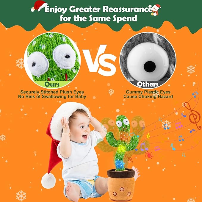 Rechargeable Dancing Talking Cactus Toy for Baby Toddler, Stocking Stuffers for Kids,Singing Mimicking Recording Repeating with 120 Songs, tummy time toys for Girls Boys, Birthday or Chirstmas Gifts