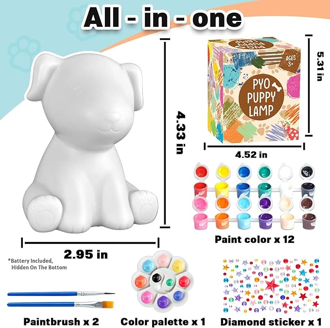 FUNZBO Paint Your Own Dog Lamp Kit - Arts and Crafts Supplies Puppy Painting Kits for Kids Teens Adults, DIY Night Light Dog Toy for Toddlers Girls Boys Ages 3 4 5 6 7 8 9 10 11 12 13+ Birthday Gifts