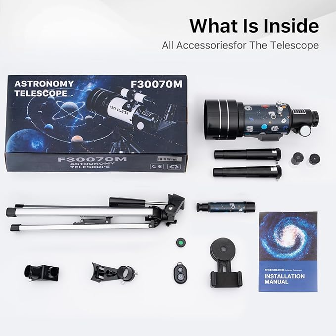 Telescope for Adults Astronomy, 70mm Aperture 300mm Focal Length Portable Astronomical Telescope for Beginners Age Over 8 Years Old with Wireless Remote Carry Bag Tripod, Space