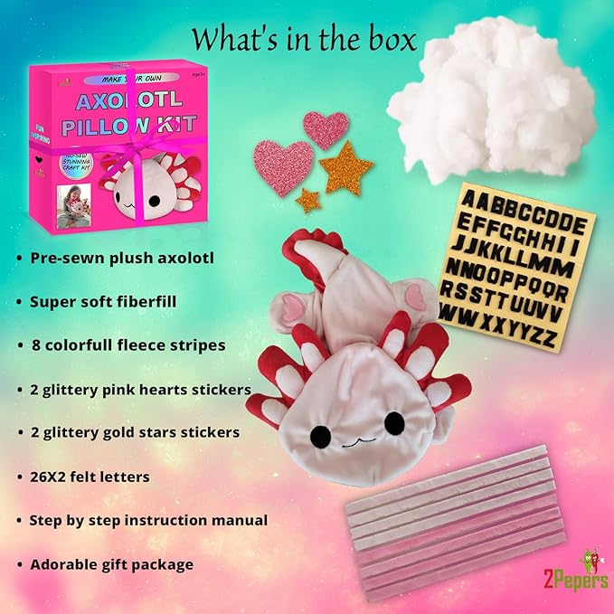 Make Your Own Axolotl Plush Pillow Kit Arts and Crafts for Kids (No Sew), DIY Axolotl Stuffed Toys for Girls & Boys Ages 3 4 5 6 7 8 9 10 + Years Old, Animal Activity, Squishy Plushy, Girls Presents