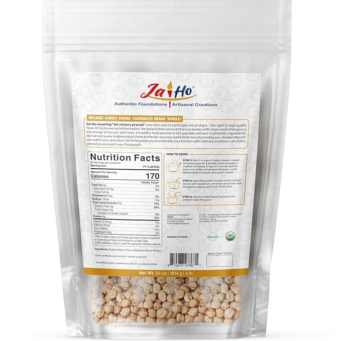 Jai Ho Certified Organic Kabuli Chana Garbanzo Beans 4 lb | Chickpeas Lentils | Indian Kabuli Chole Chana | USDA Organic | Non-GMO | Chemical-Free | Premium Quality Kosher (4 Pound, Kabuli Chana)