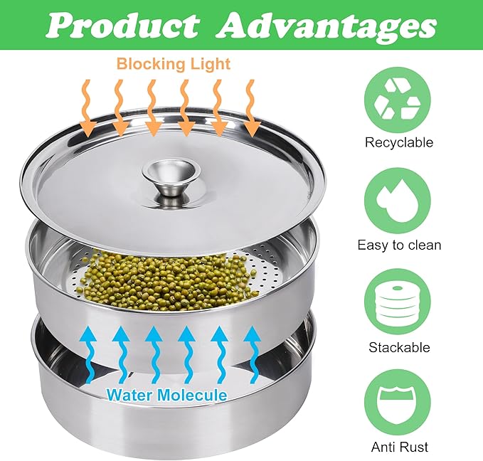 EBaokuup 5-Tier Stainless Steel Seed Sprouting Tray Kit-8.6" x 8.3" Stackable Mesh Seed Sprouting with Base & Lid-Seed Sprouting Germination Tray for Bean Sprouts Growing