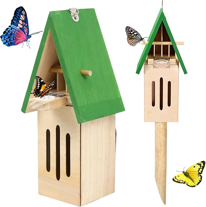 Wooden Butterfly House with Feeder – Outdoor Butterfly Habitat for Garden, Includes Ground Stake & Hanging Hook, Natural Garden Decor