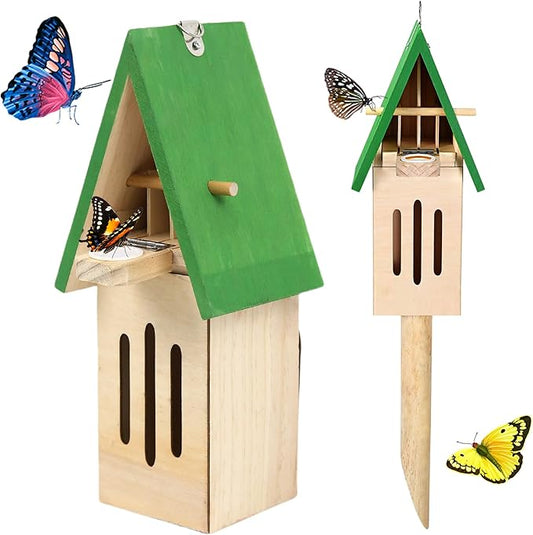 Wooden Butterfly House with Feeder – Outdoor Butterfly Habitat for Garden, Includes Ground Stake & Hanging Hook, Natural Garden Decor