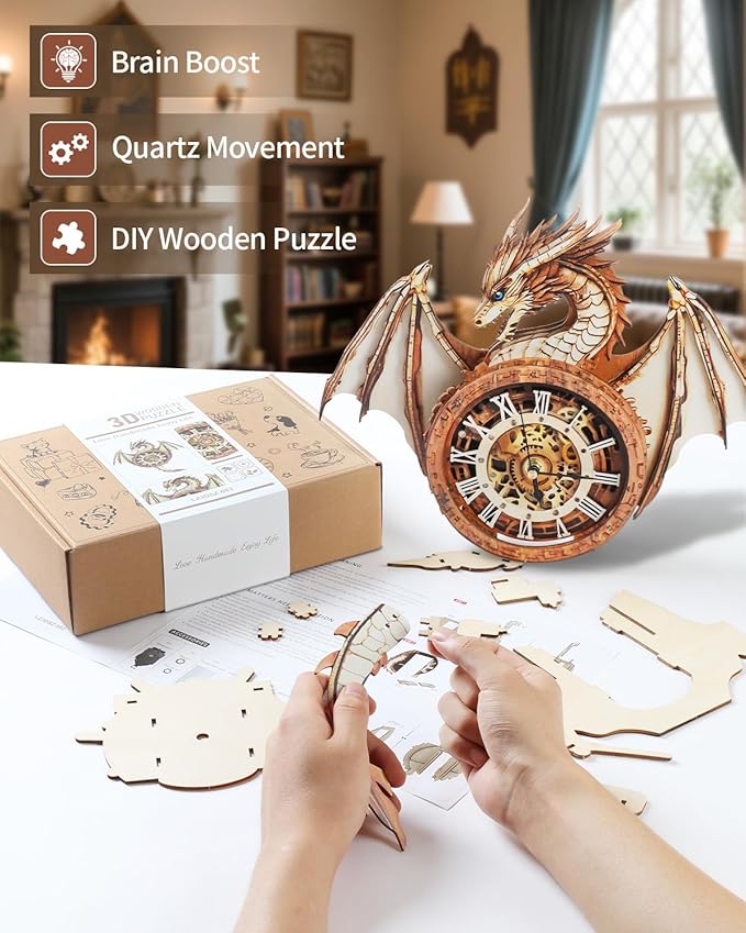3D Puzzles for Adults, 3D Puzzle Dragon Clock Kit (with Pendulum), Wooden Puzzles for Adults Home Wall Decor Dragon Clock Christmas Day Puzzle Gifts for Men Women