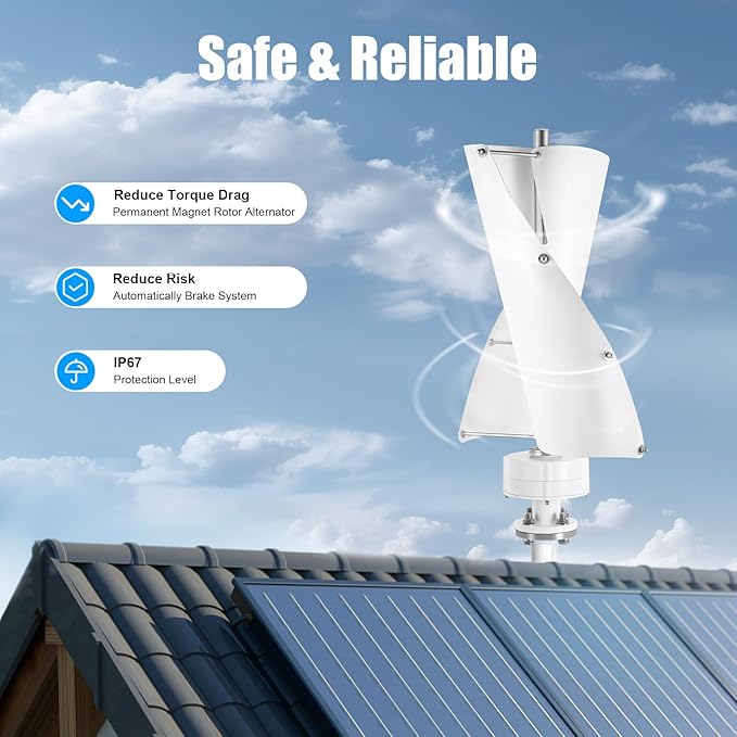 Bepritm Vertical Axis Wind Turbine, Wind Generator Kit with Controller & IP67 Protection, Ultra-Quiet Design for Home, RV, Business, Industrial Energy Supply (100W 12V White 2 Blades)