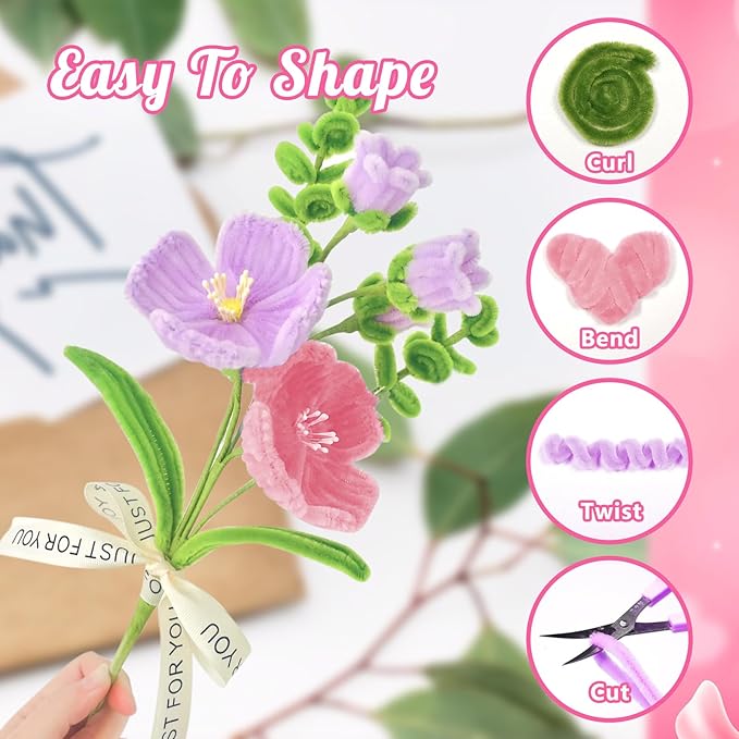 500 Pcs Pink Pipe Cleaners Craft for Flowers, Pastel Chenille Stems for DIY Art Projects Creative Gift(5 Colors), Pipe Cleaner Flower Kit with Floral Stems, Gardening Tape,Stamen& Pearls (Tulip)