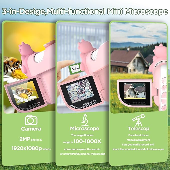 Microscope for Kids, 1000X Handheld Mini Portable Microscope with 8 Adjustable LED Lights, 2-Inch LCD Screen Pocket Microscope Camera for Toddlers-Education Christmas Birthday Gifts Toys for Girls